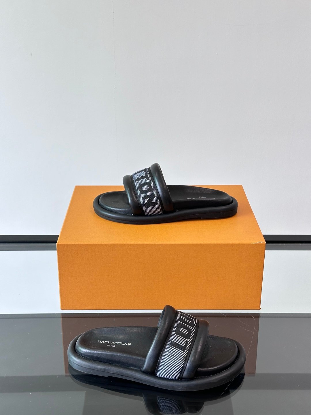 LV Men Black Fabric Strap Slide Sandals