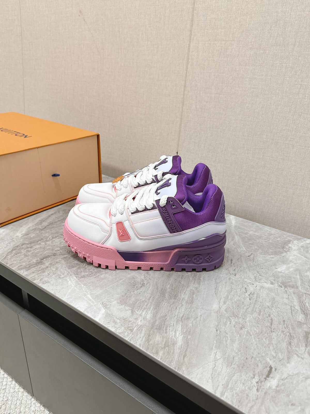 LV Women White Pink Purple Leather Sneakers