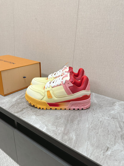 LV Women Yellow Leather Orange Accent Sneakers