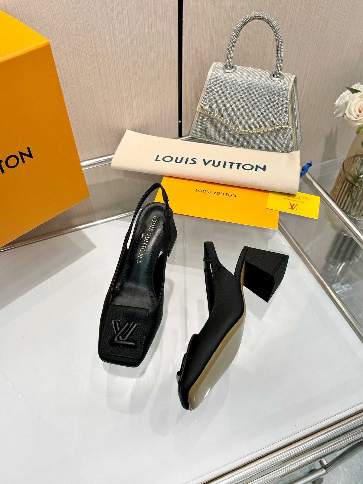 LV Women Black Leather Slingback Heels