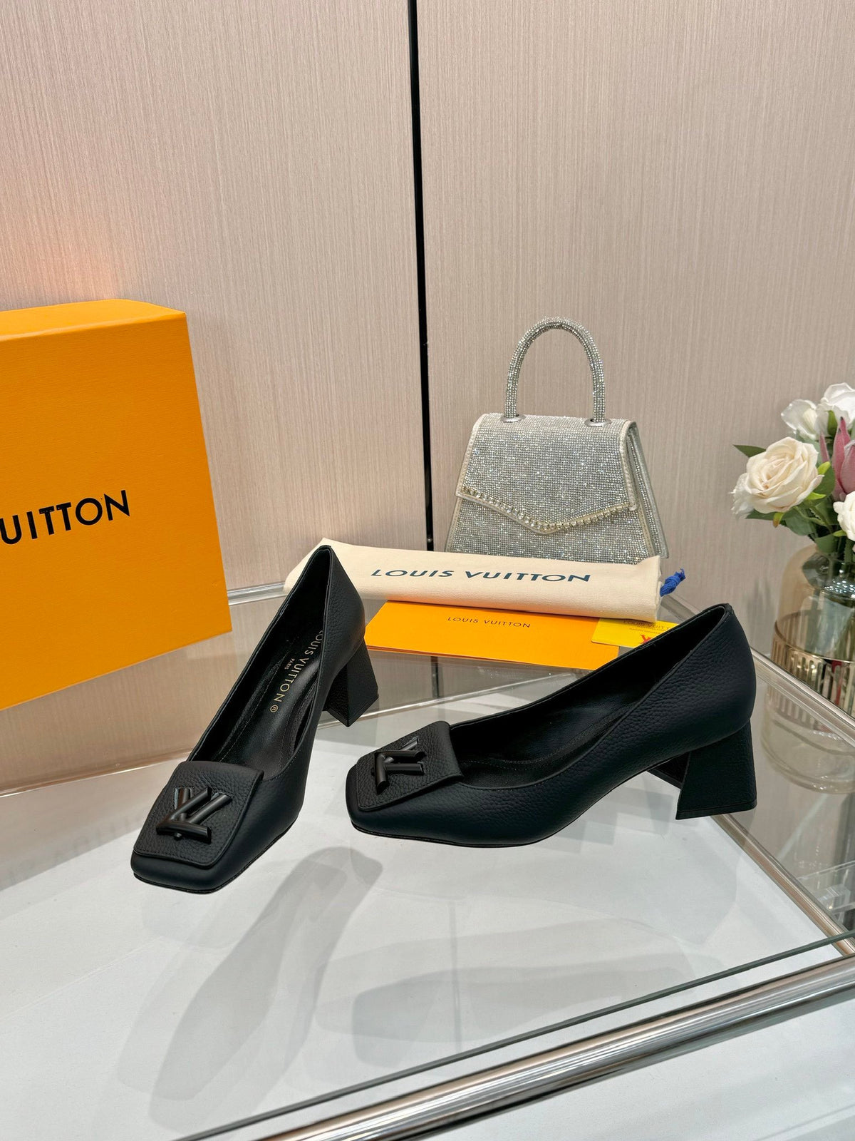 LV Women Black Leather Heels
