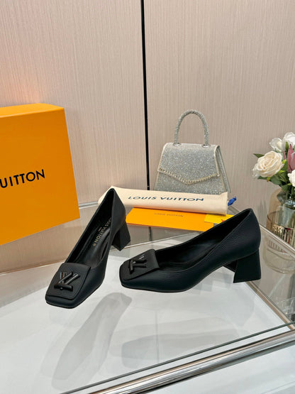 LV Women Black Leather Heels