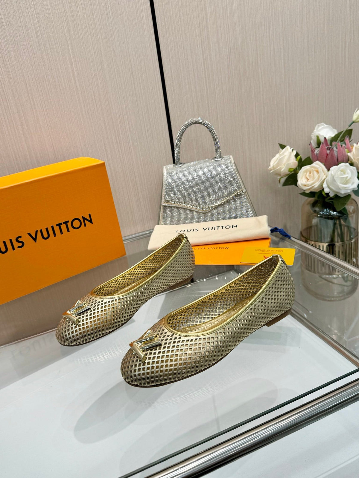 LV Women Gold Metallic Mesh Ballet Flats