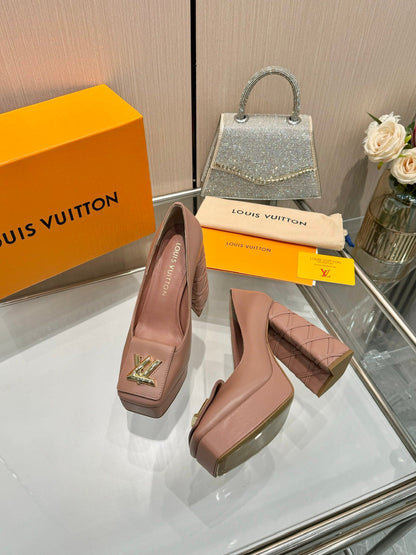 LV Women Pink Leather Quilted Block Heels