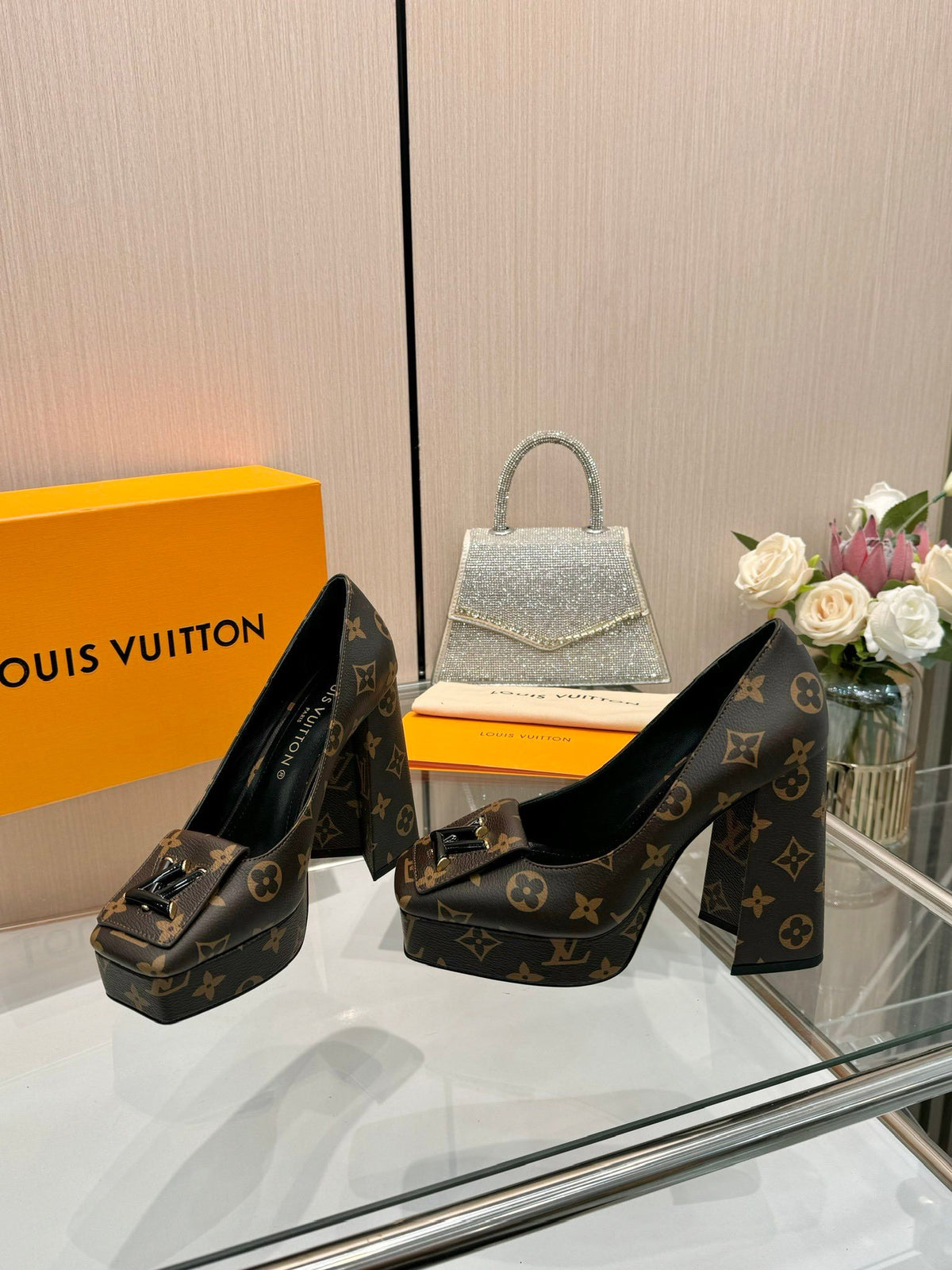 LV Women Brown Leather Platform Heels