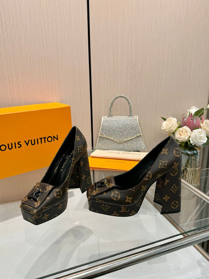 LV Women Brown Leather Platform Heels