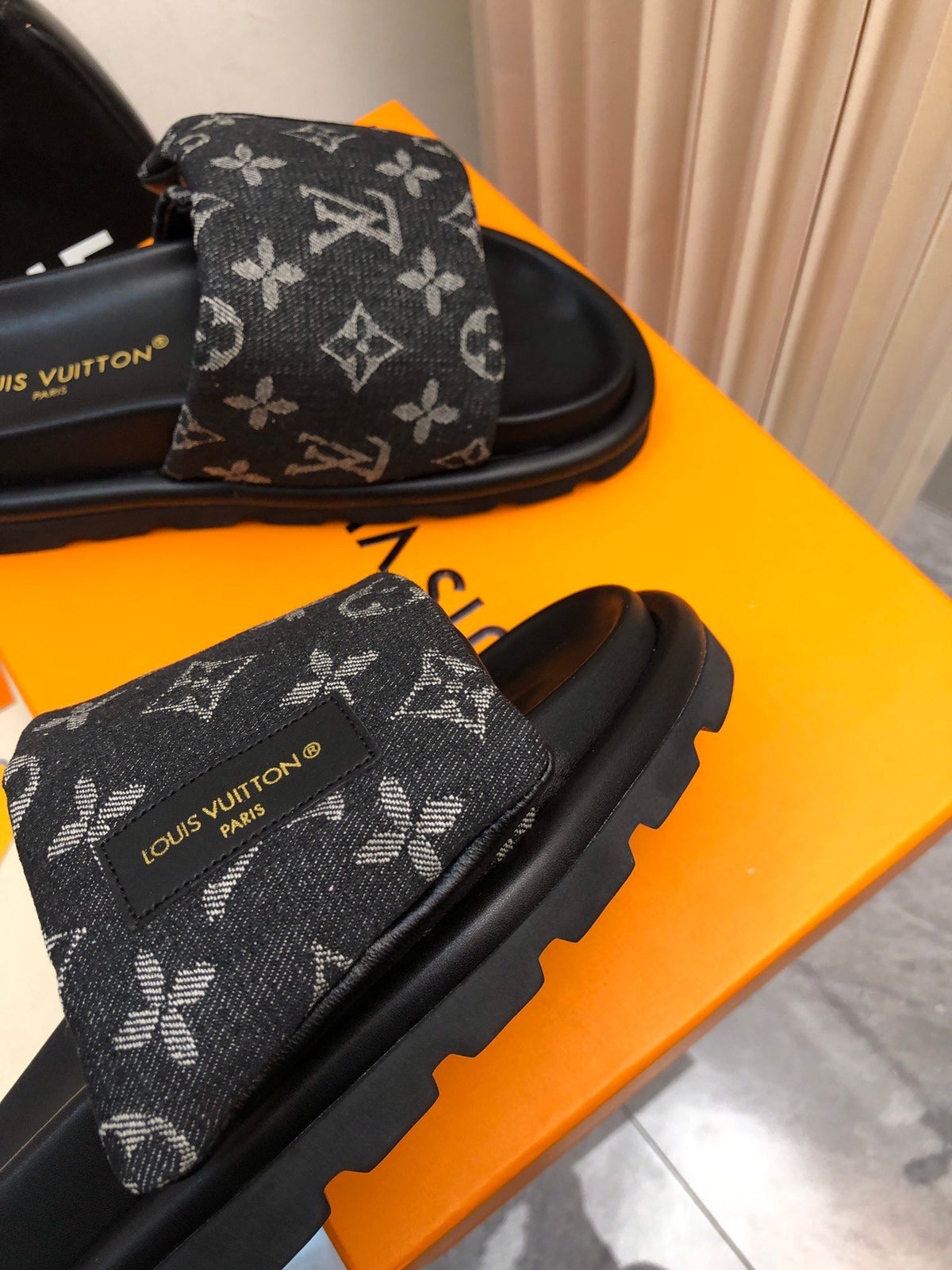 LV Women Black Canvas Monogram Slide Sandals