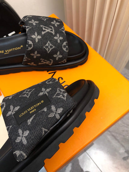 LV Women Black Canvas Monogram Slide Sandals