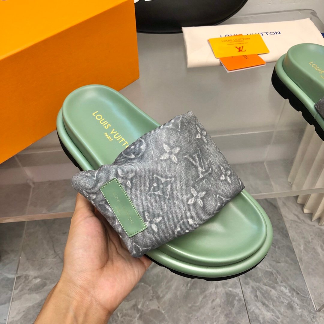 LV Women Green Fabric Strap Slippers