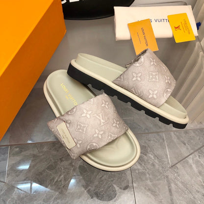 LV Women Light Gray Fabric Slides Sandals