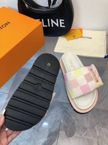 LV Women Pastel Checkered Fabric White Slide Sandals