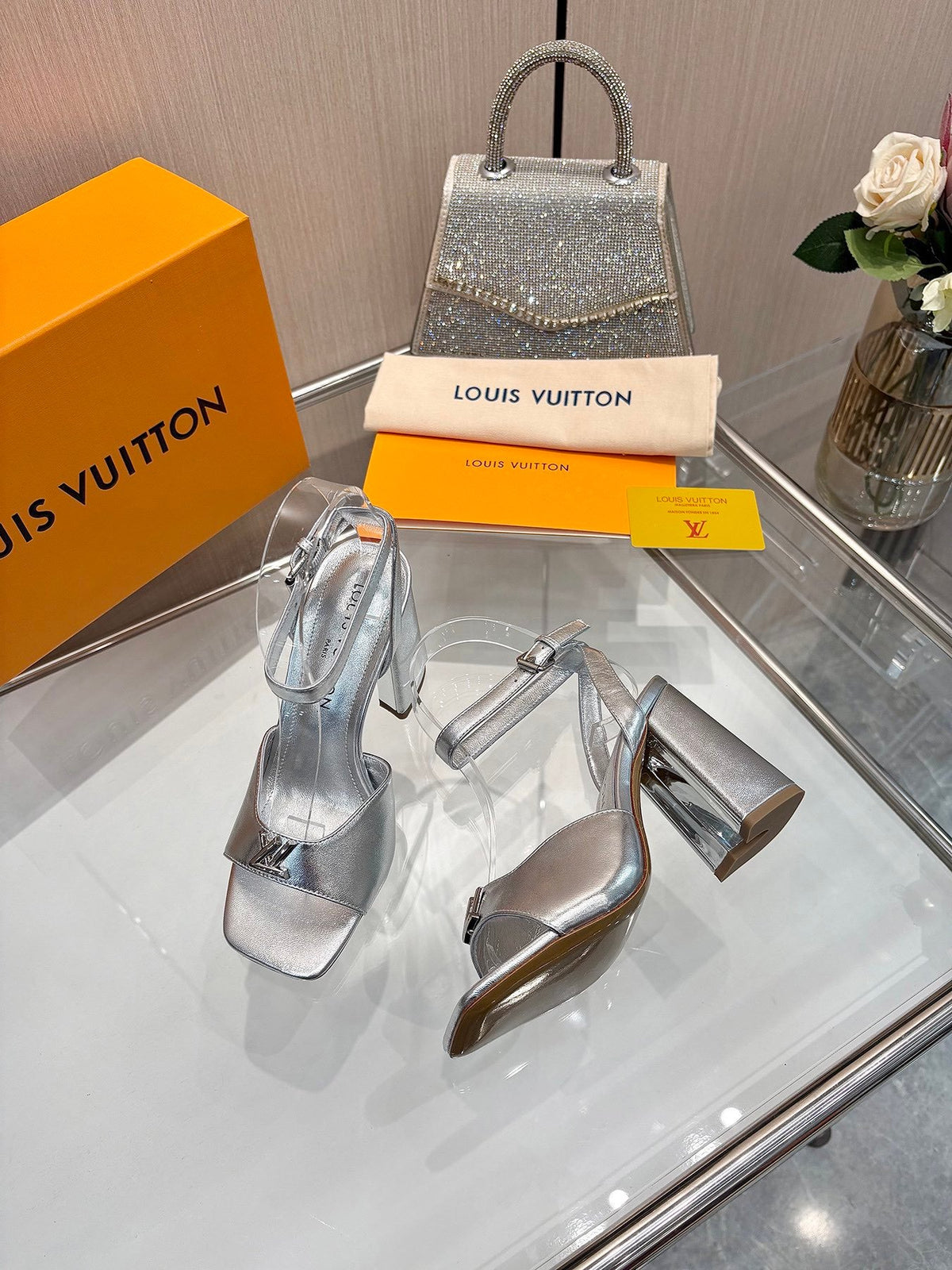 LV Women Silver Leather Heels