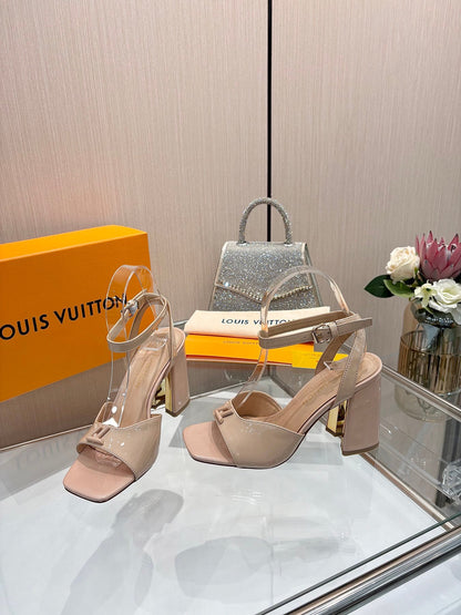 LV Women Nude Patent Leather Block Heels