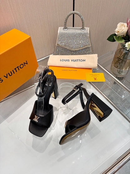 LV Women Black Leather Heels