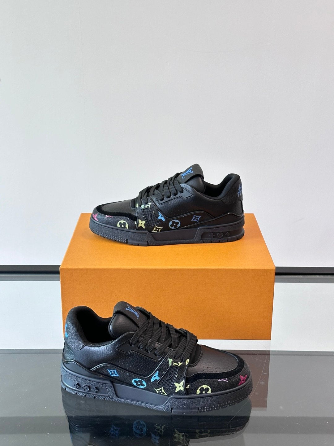 LV Men Black Leather Sneakers With Multicolor Accents