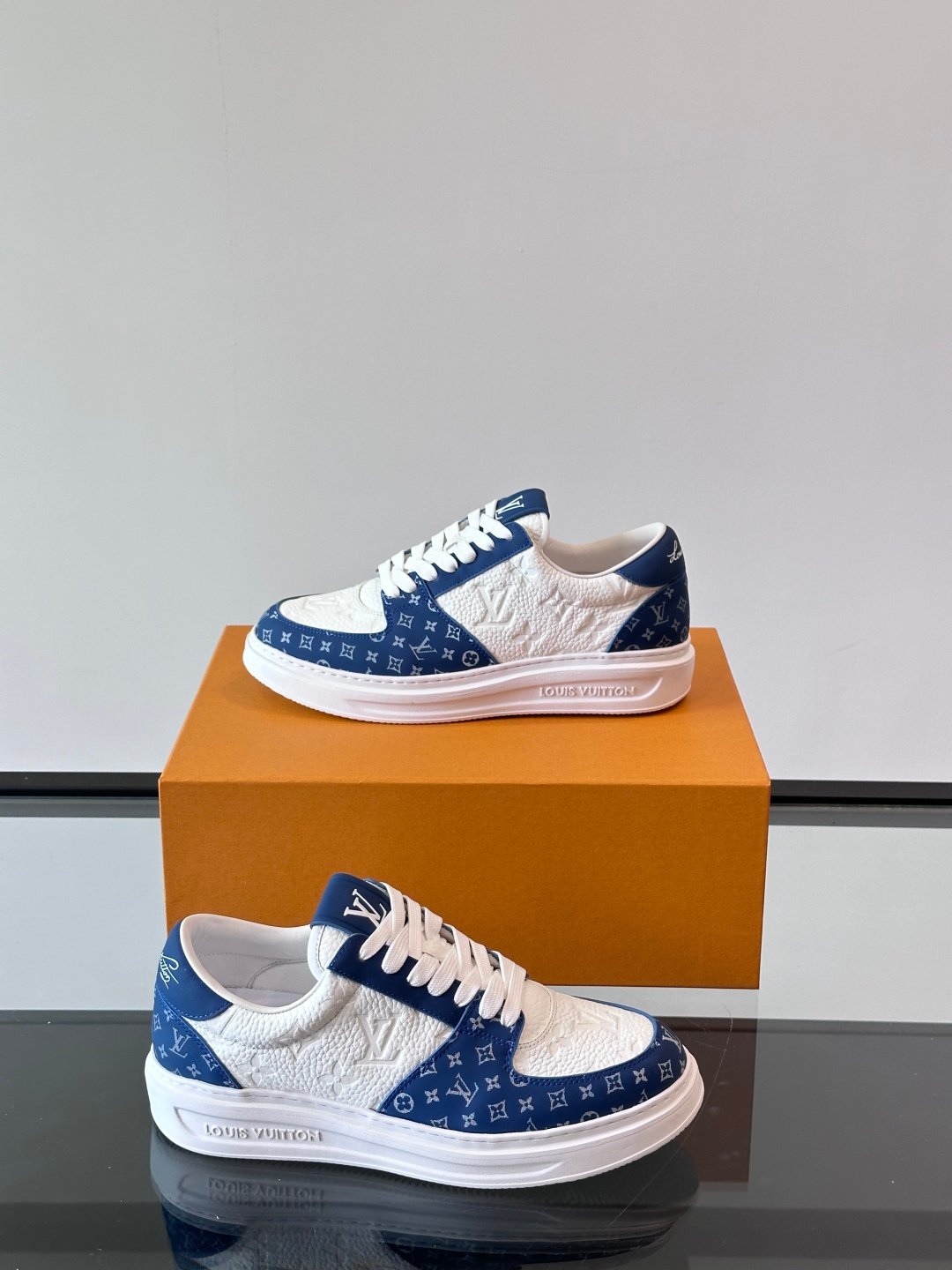 LV Men White And Blue Leather Sneakers