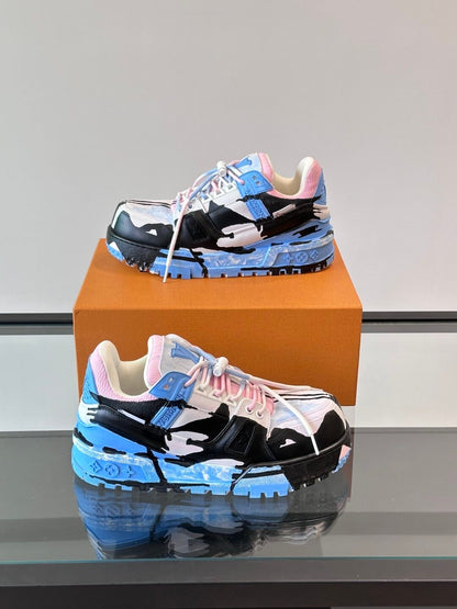 LV Men Blue Pink Black Leather Sneakers