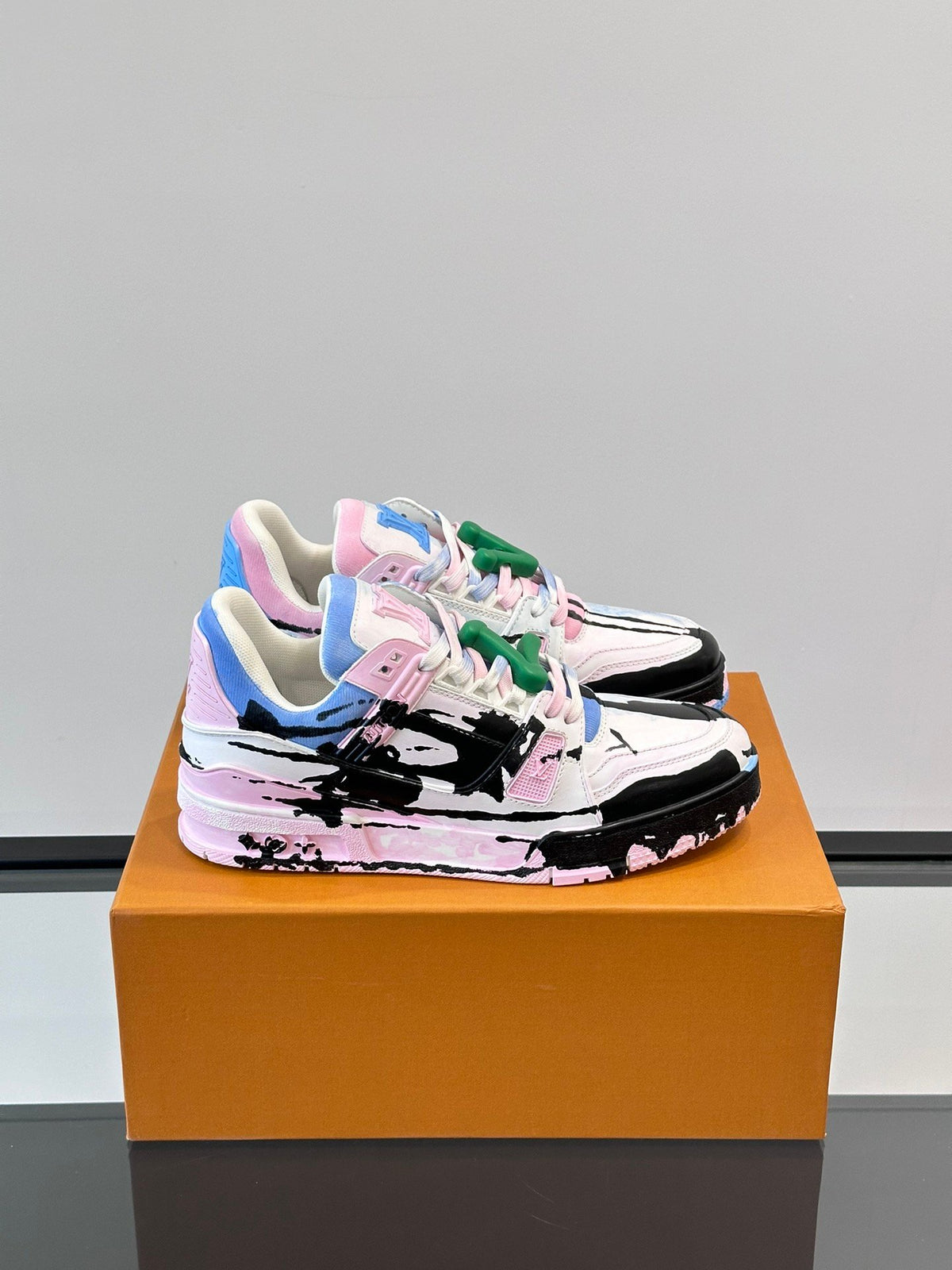 LV Men White Pink Blue Leather Sneakers