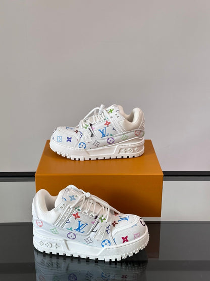LV Men White Leather Multicolor Pattern Sneakers
