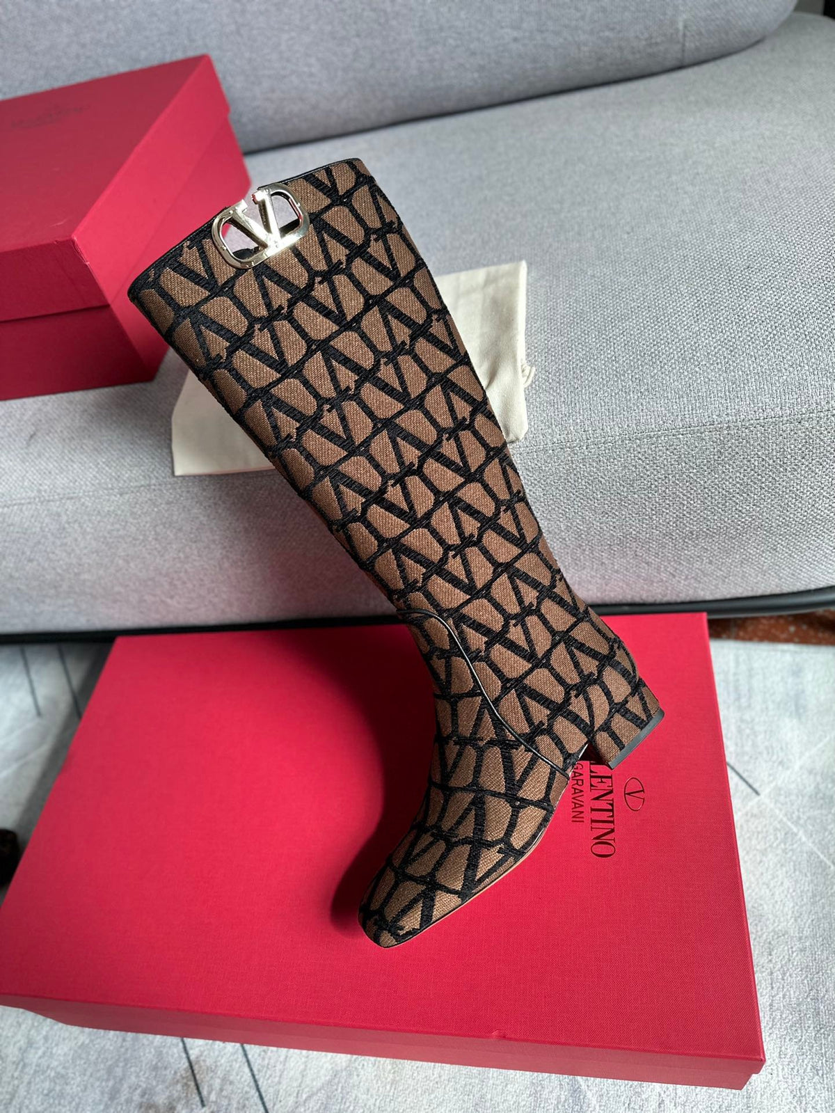 Valentino Women Brown Patterned Fabric Boots