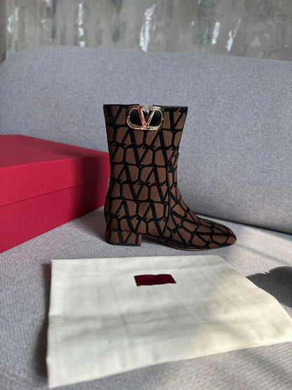 Valentino Women Brown Fabric Logo Pattern Boots
