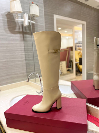 Valentino Women Beige Leather Knee-High Boots