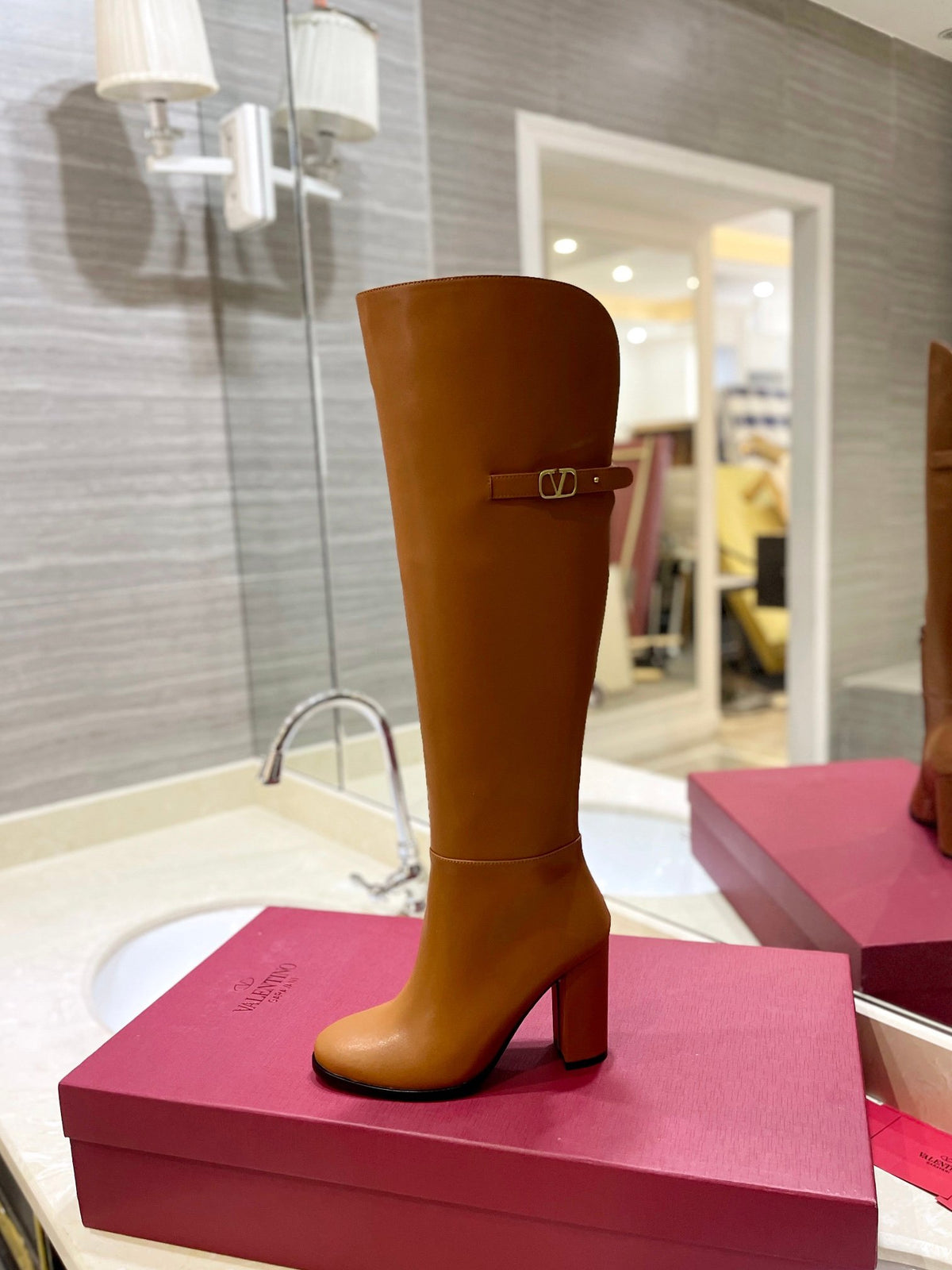 Valentino Women Brown Leather Knee High Boots