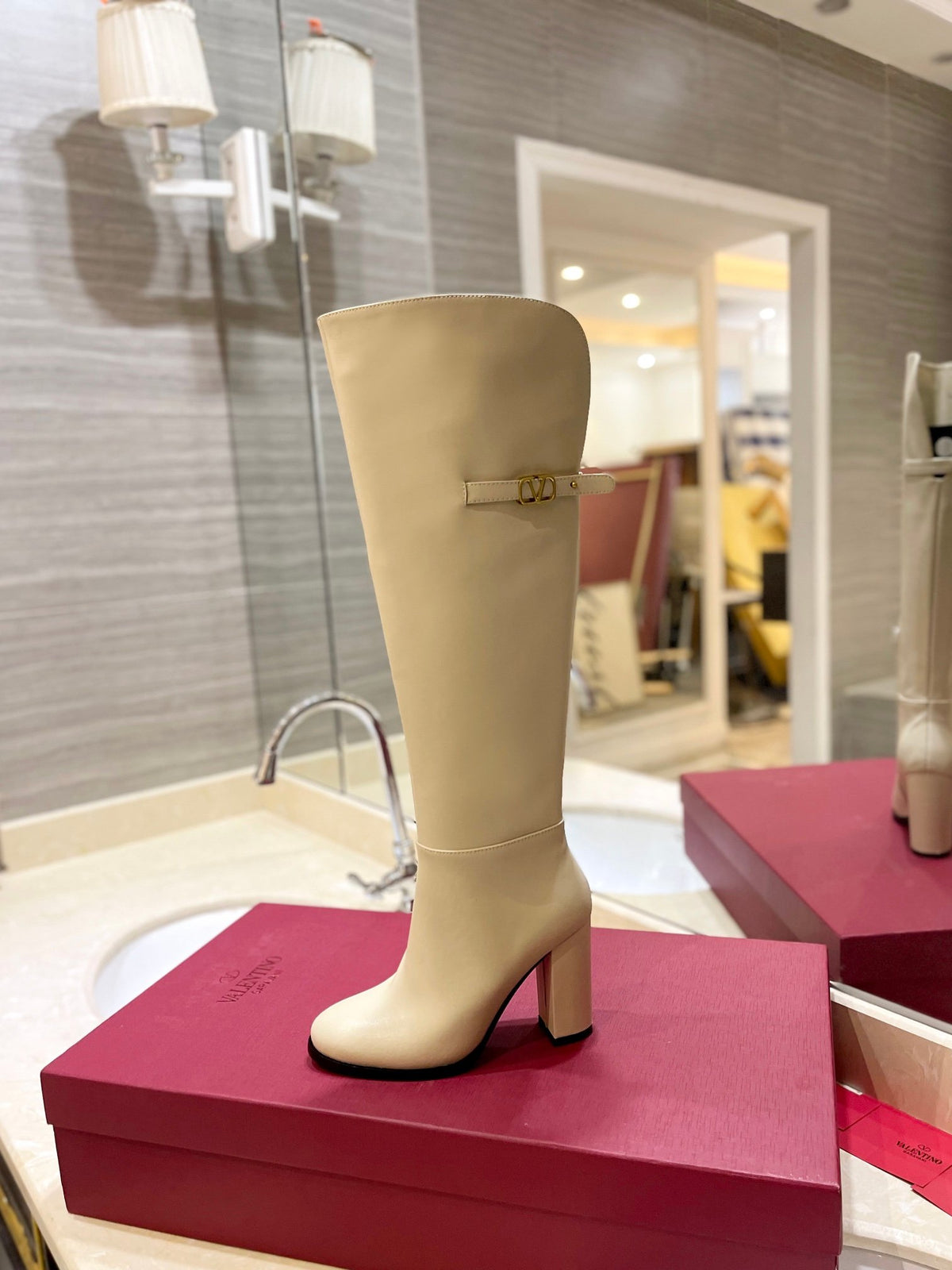 Valentino Women Beige Leather Knee High Boots