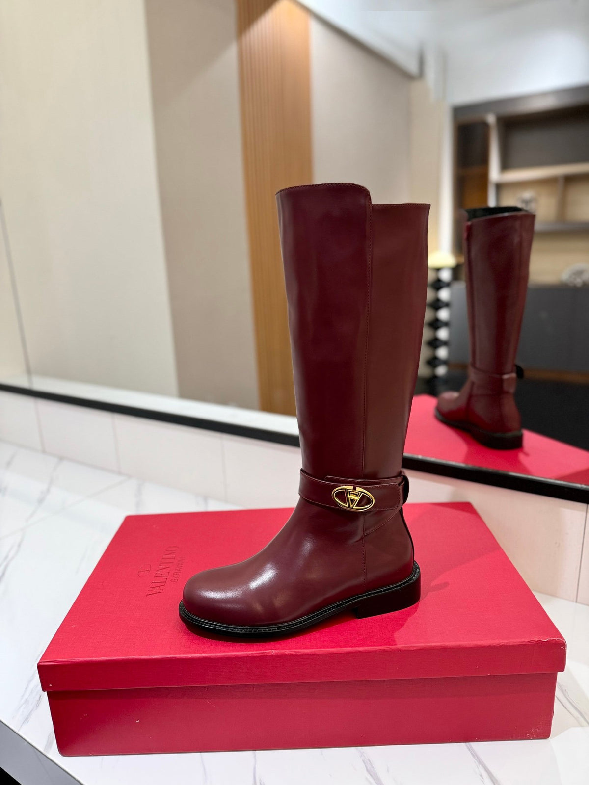 Valentino Women Burgundy Leather Knee High Boots