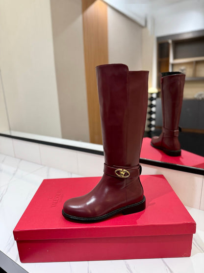 Valentino Women Burgundy Leather Knee High Boots