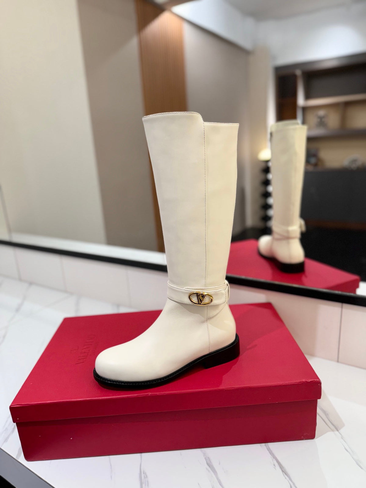 Valentino Women White Leather Knee High Boots