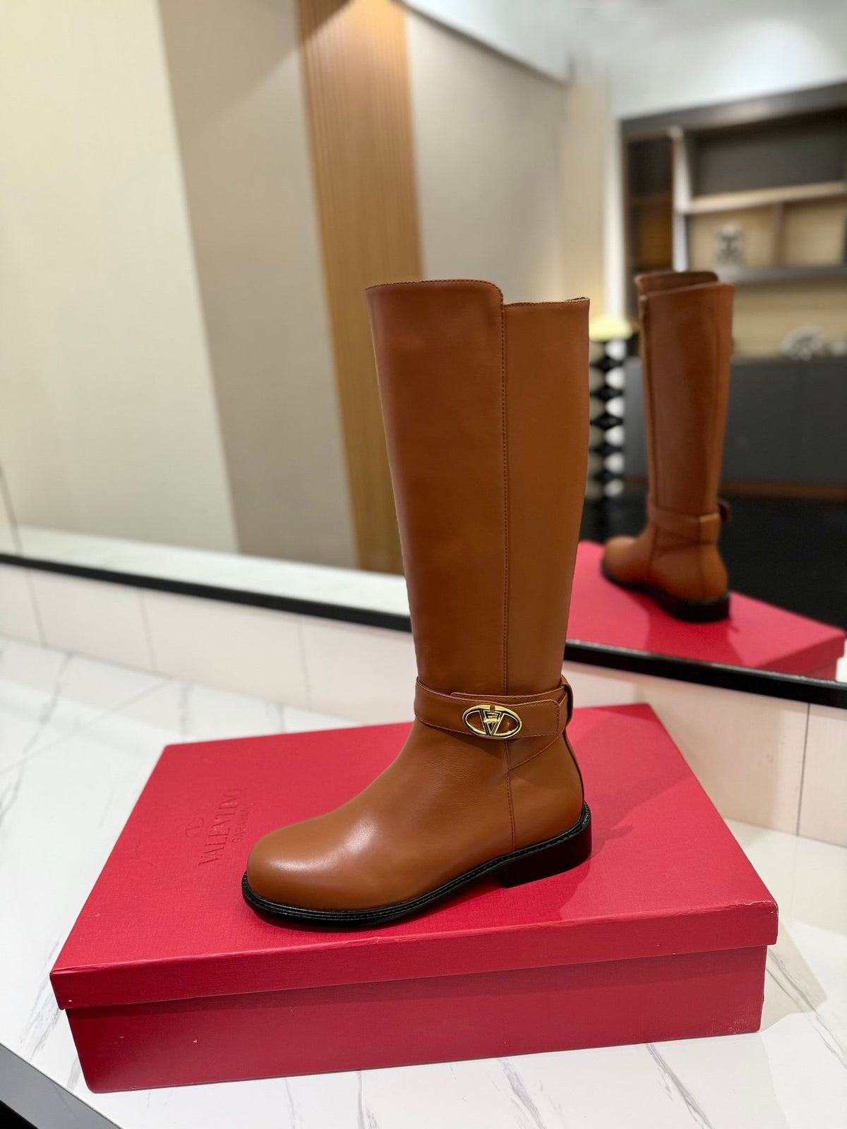 Valentino Women Brown Leather Knee High Boots