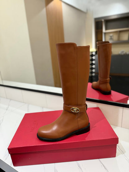 Valentino Women Brown Leather Knee High Boots
