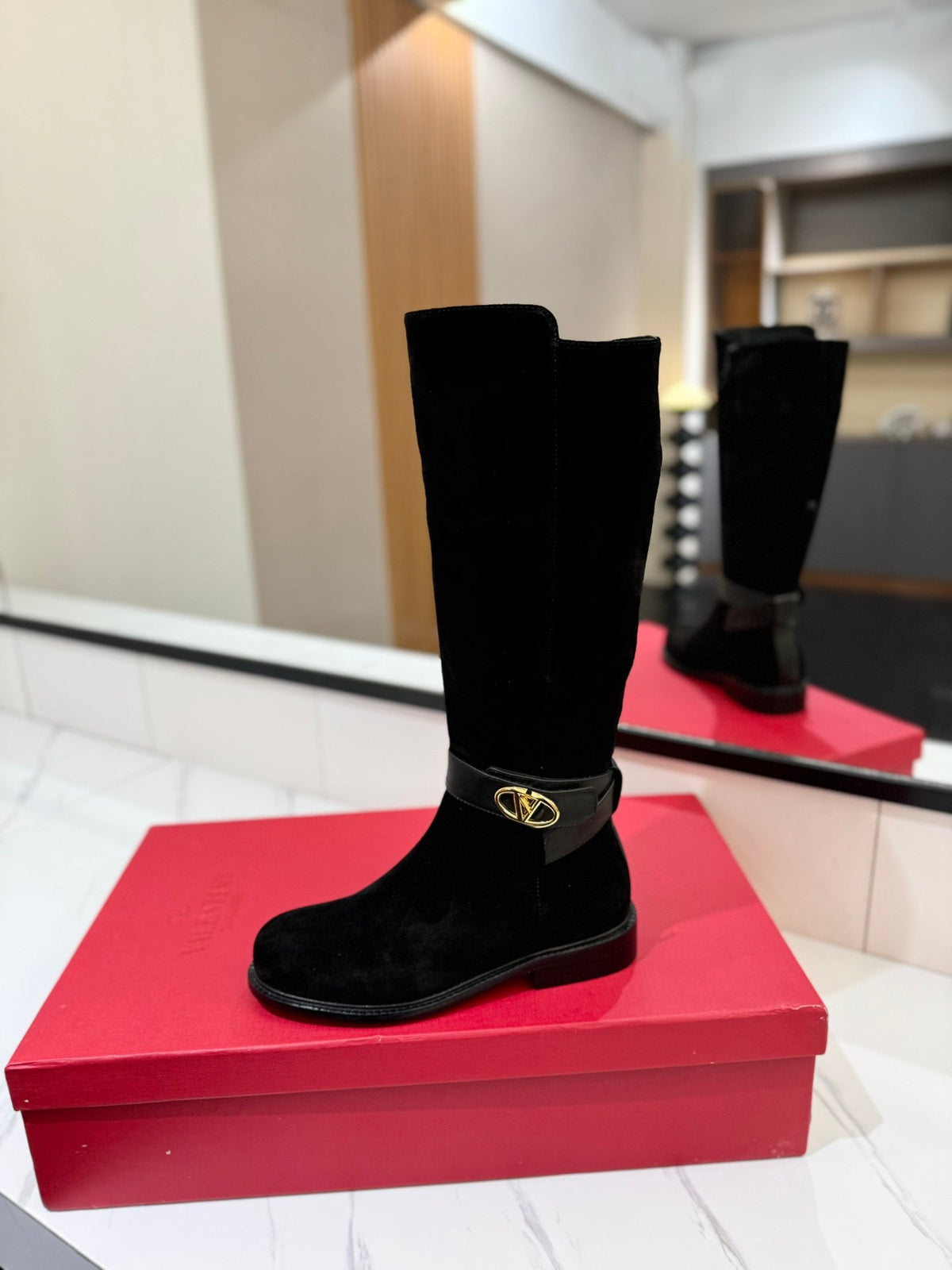 Valentino Women Black Suede Leather Strap Boots