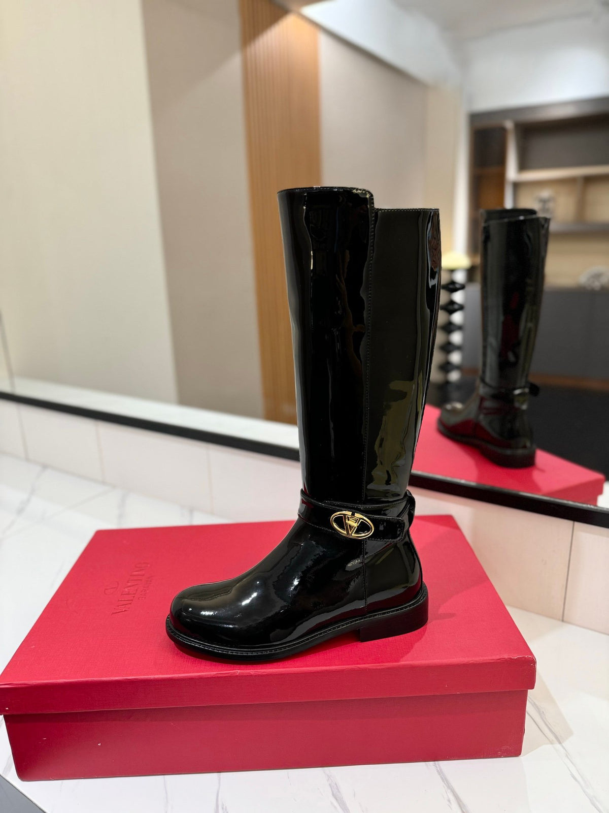 Valentino Women Black Patent Leather Tall Boots
