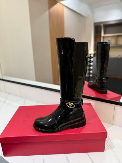 Valentino Women Black Patent Leather Tall Boots