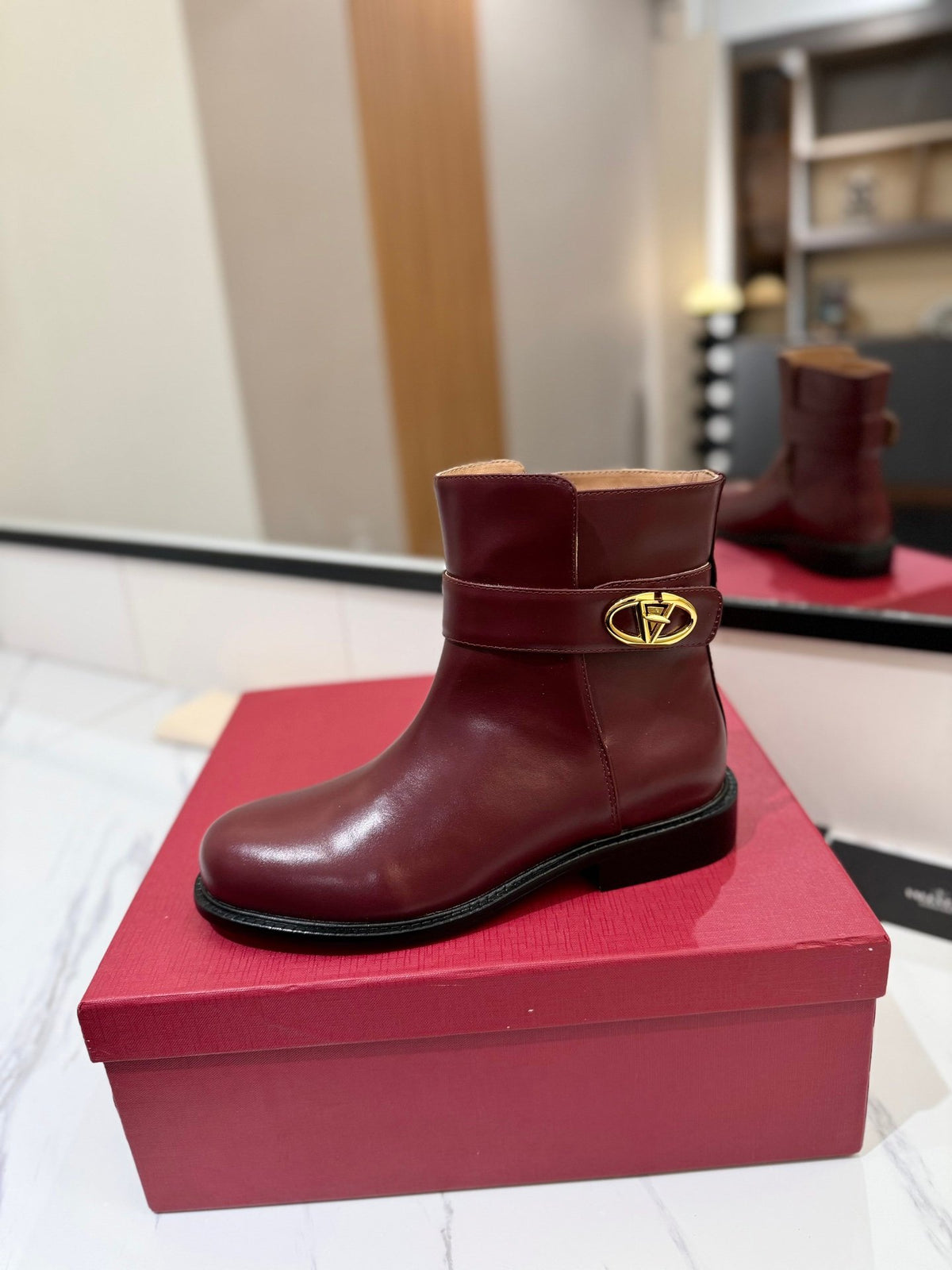Valentino Women Burgundy Leather Ankle Boots