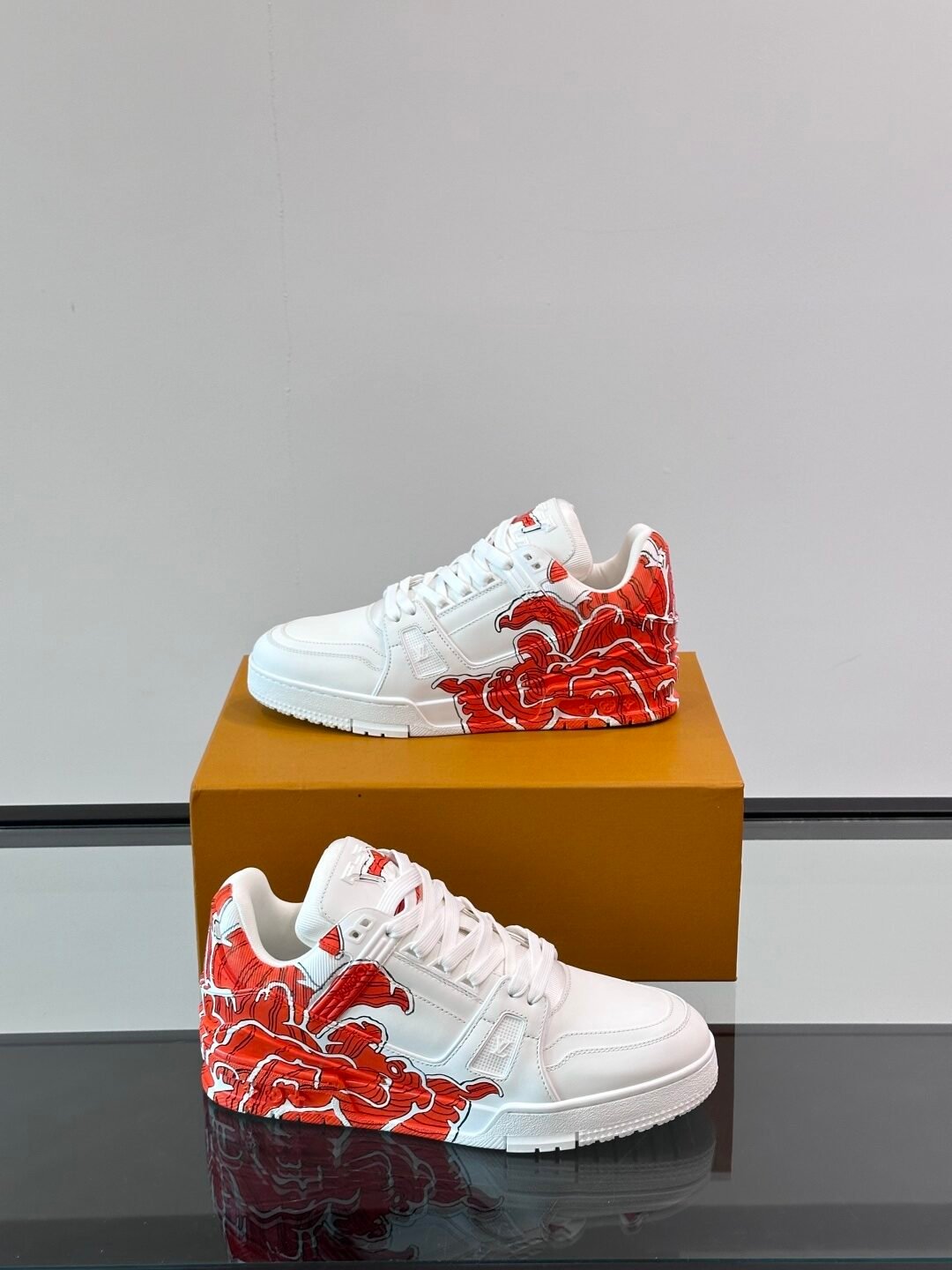 LV Men White Leather Sneakers With Red Floral Design