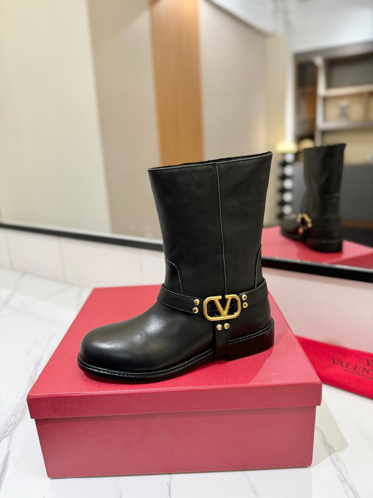 Valentino Women Black Leather Mid-Calf Boots