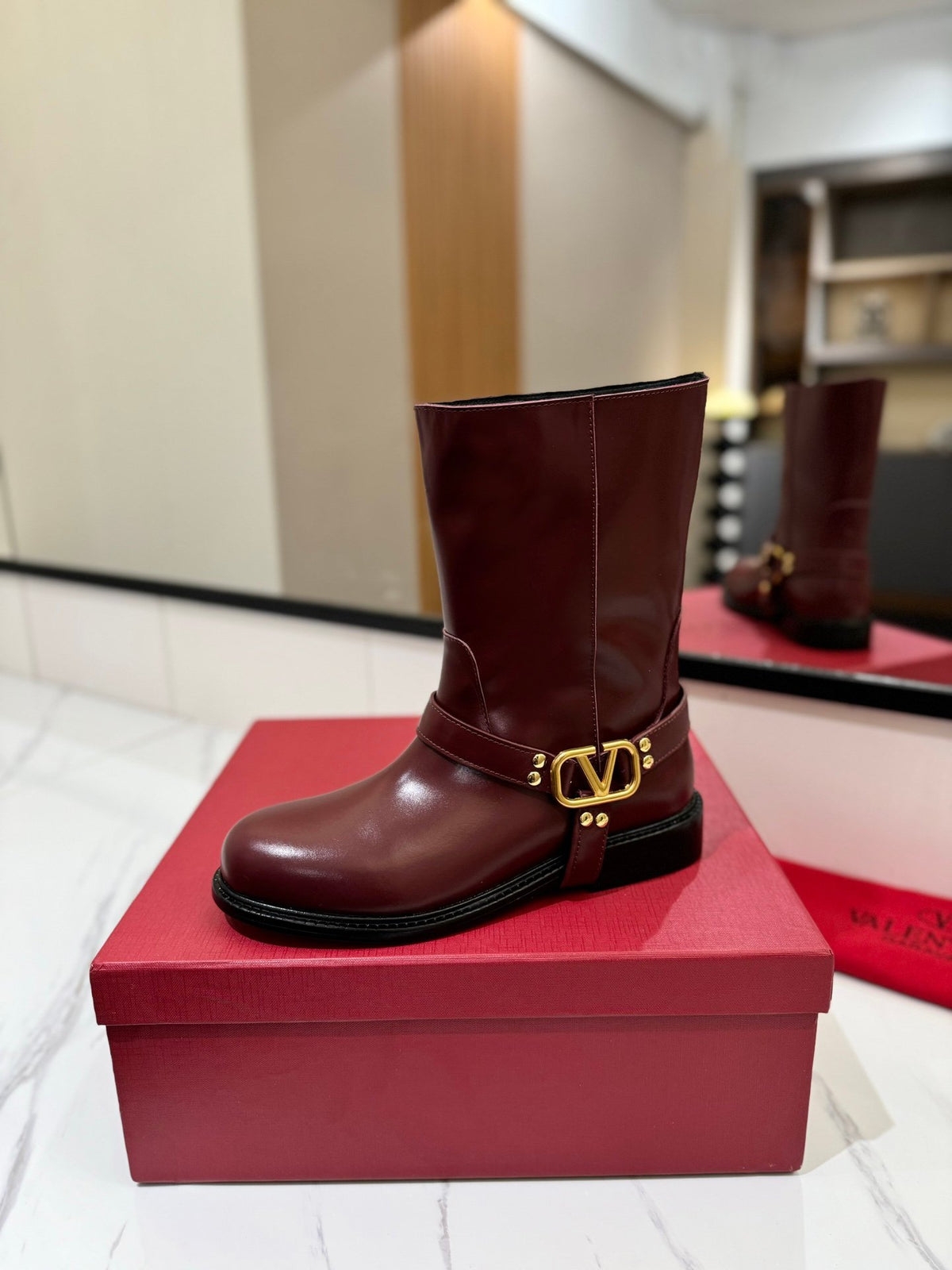 Valentino Women Burgundy Leather Mid-Calf Boots