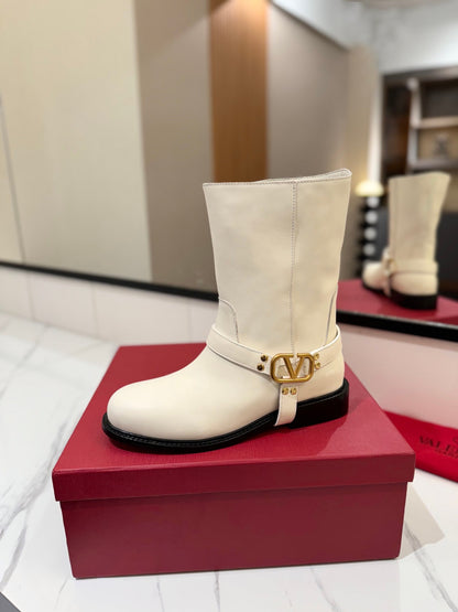 Valentino Women White Leather Mid-Calf Boots