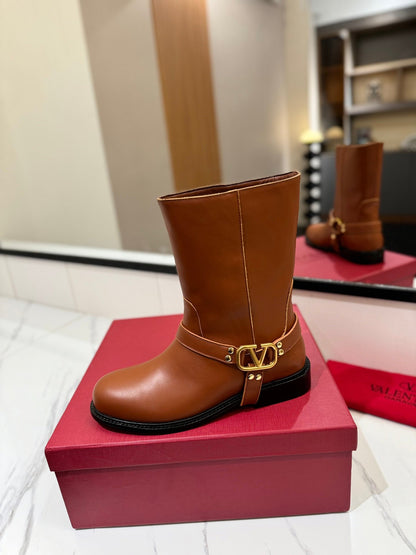 Valentino Women Brown Leather Mid-Calf Boots