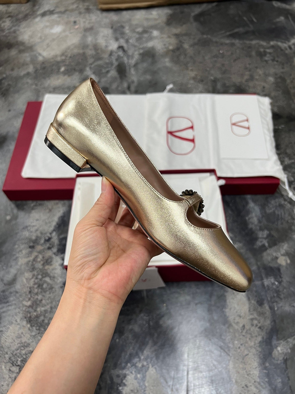 Valentino Women Gold Leather Embellished Flats