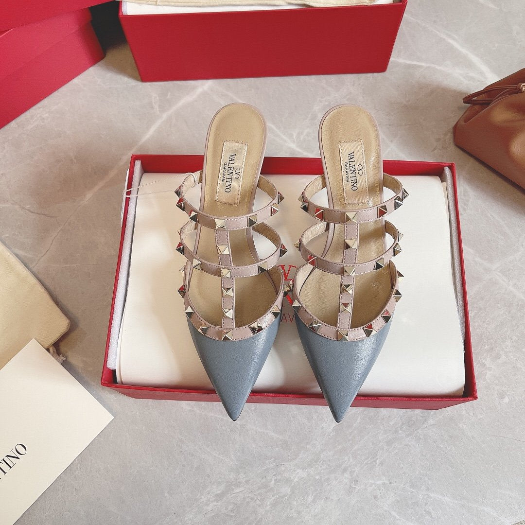 Valentino Women Blue Leather Studded Mules