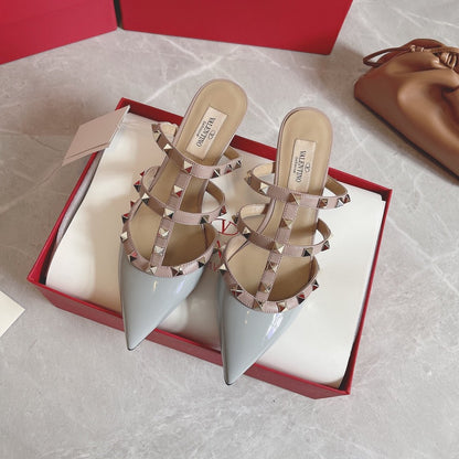 Valentino Women Light Blue Patent Leather Studded Mules