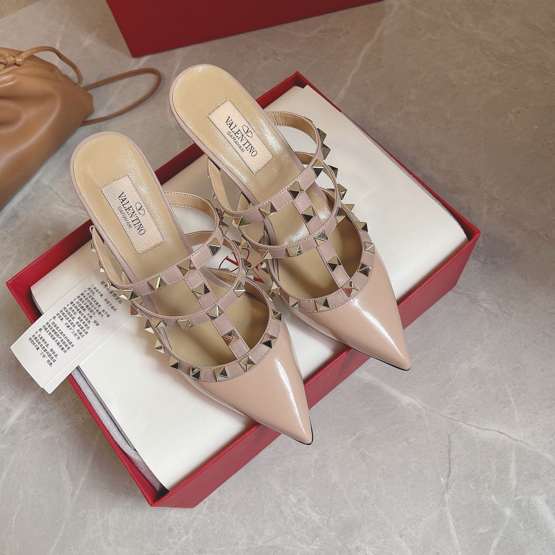 Valentino Women Nude Patent Leather Studded Mules