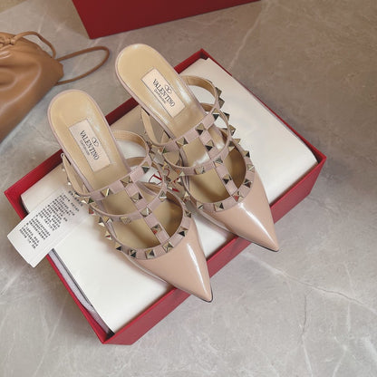 Valentino Women Nude Patent Leather Studded Mules