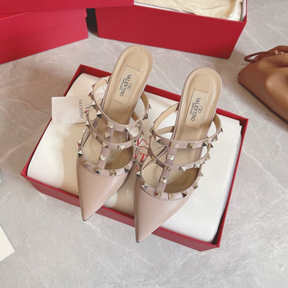 Valentino Women Beige Leather Studded Mules