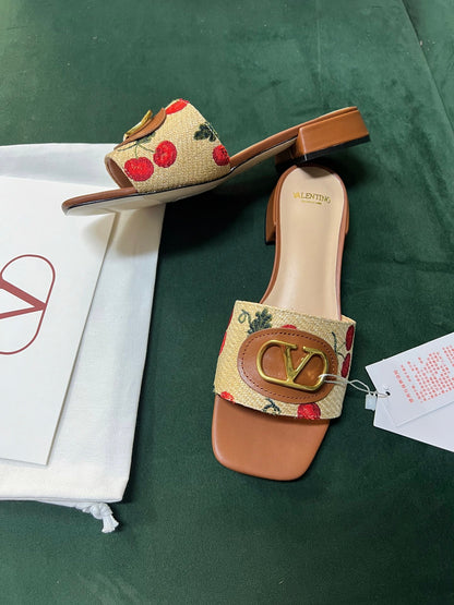 Valentino Women Brown Leather Canvas Floral Mules