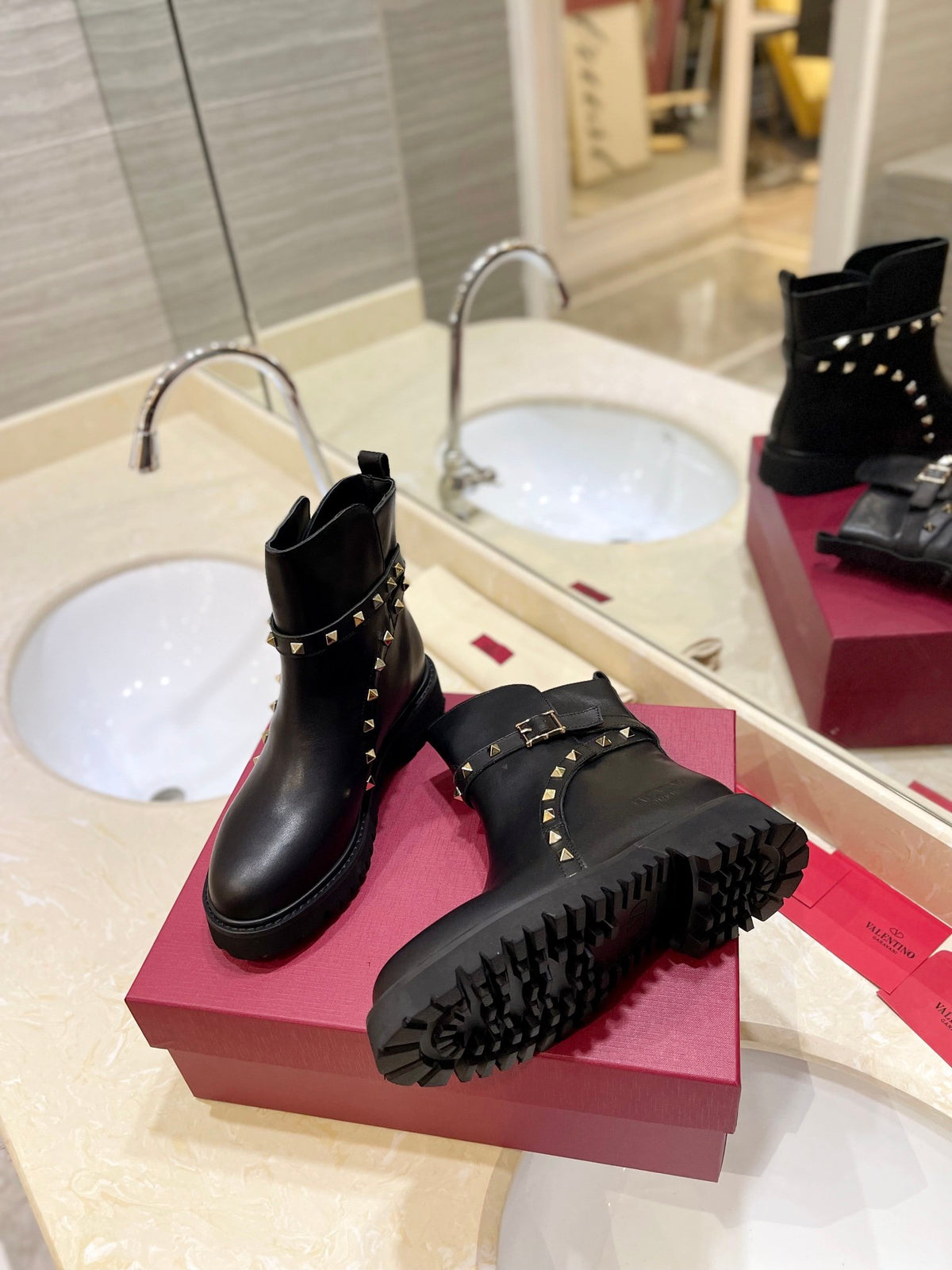 Valentino Women Black Leather Studded Boots